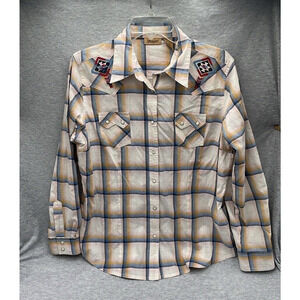 Wrangler Size Large Blue Gold Tan Long Sleeve Pearl Snap Shirt Western Aztec